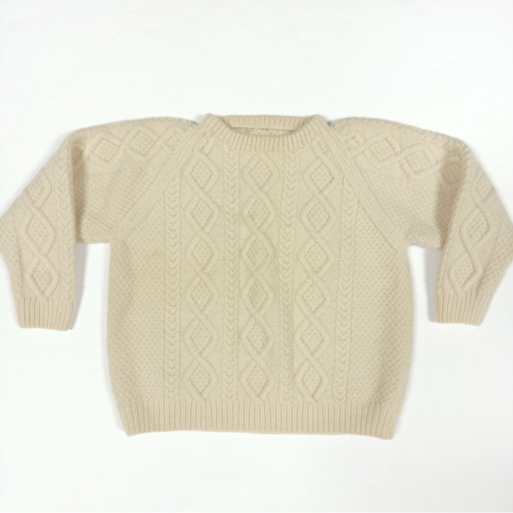 Vintage Hand Knit Aran Wool Fisherman Sweater Womens Large Cream Chunky Heavy